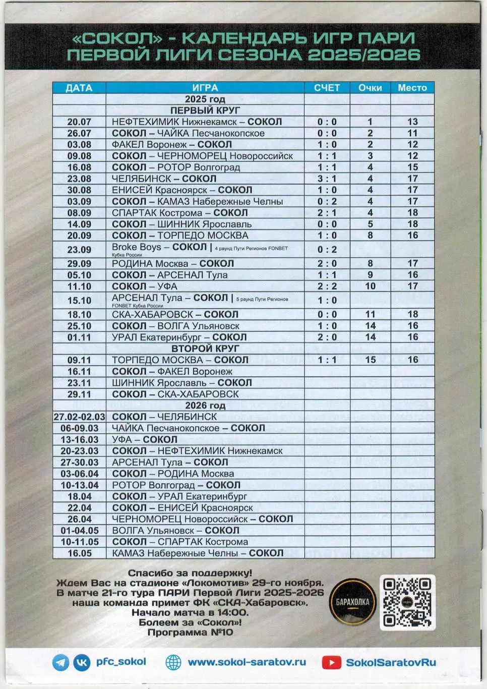 Сокол Саратов – Факел Воронеж 16.11.2025 Официальная программа 1