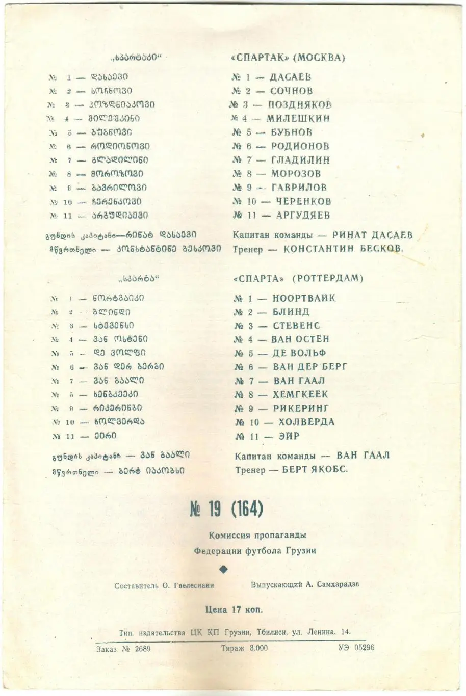 Спартак Москва – Спарта Роттердам Голландия 07.12.1983 Кубок УЕФА Матч в Тбилиси 1