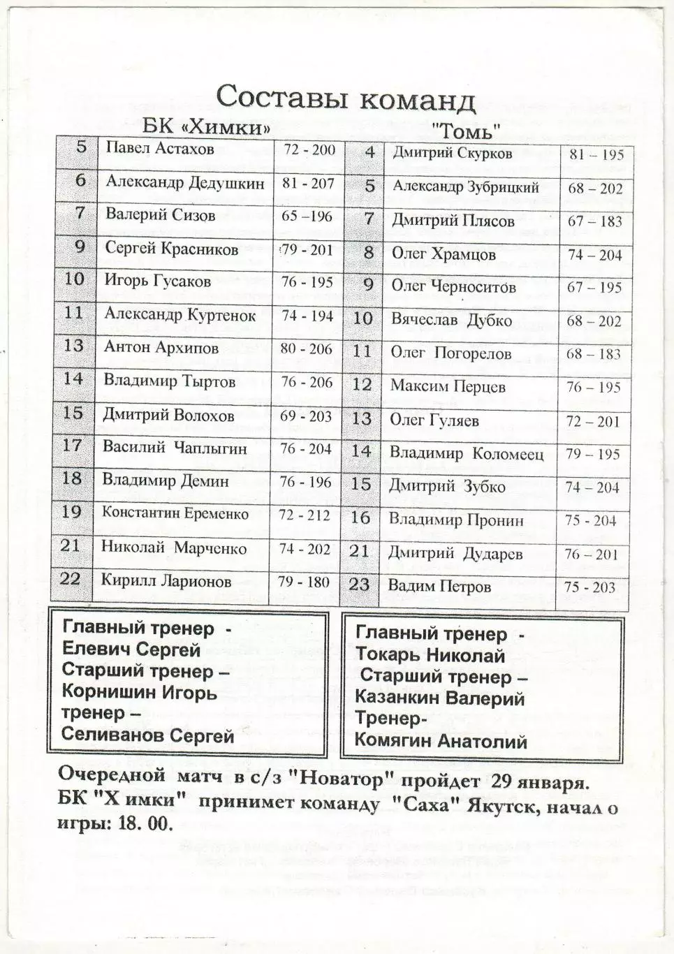 БК Химки – Томь-Универсал Томск 25.01.2000 1