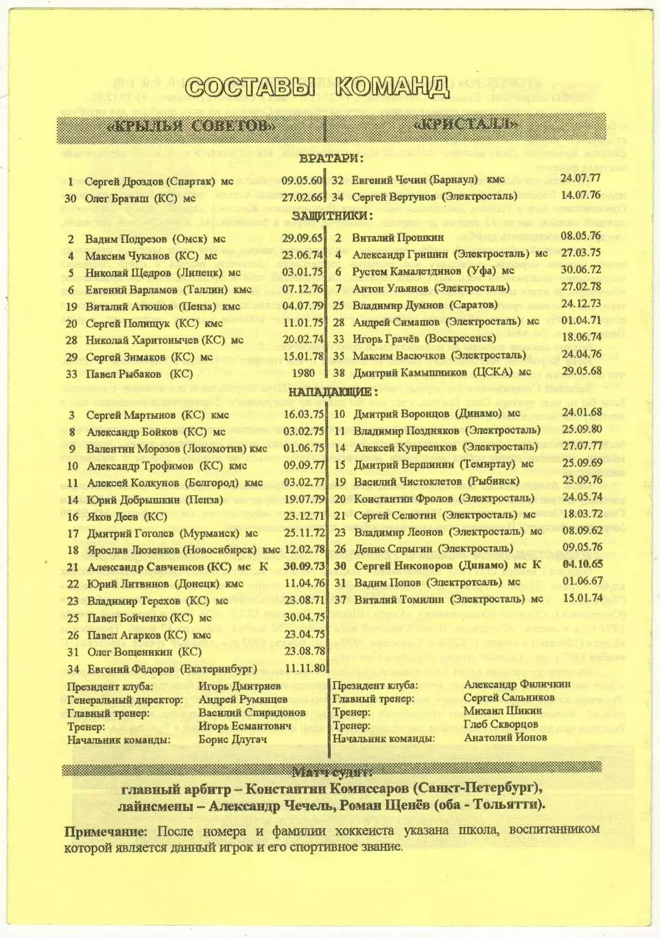 Крылья Советов Москва – Кристалл Электросталь 22.11.1997 Редкий цвет бумаги 1