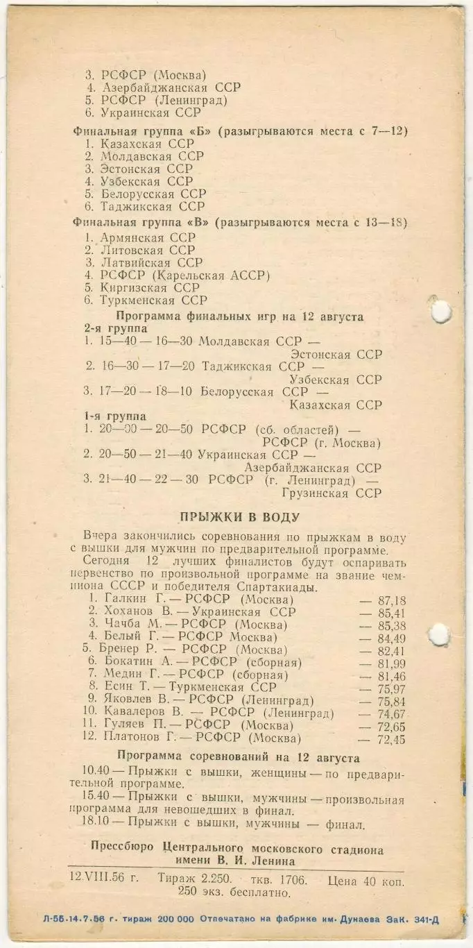 Спартакиада народов СССР 12.08.1956 Плавание Водное поло Прыжки в воду 1