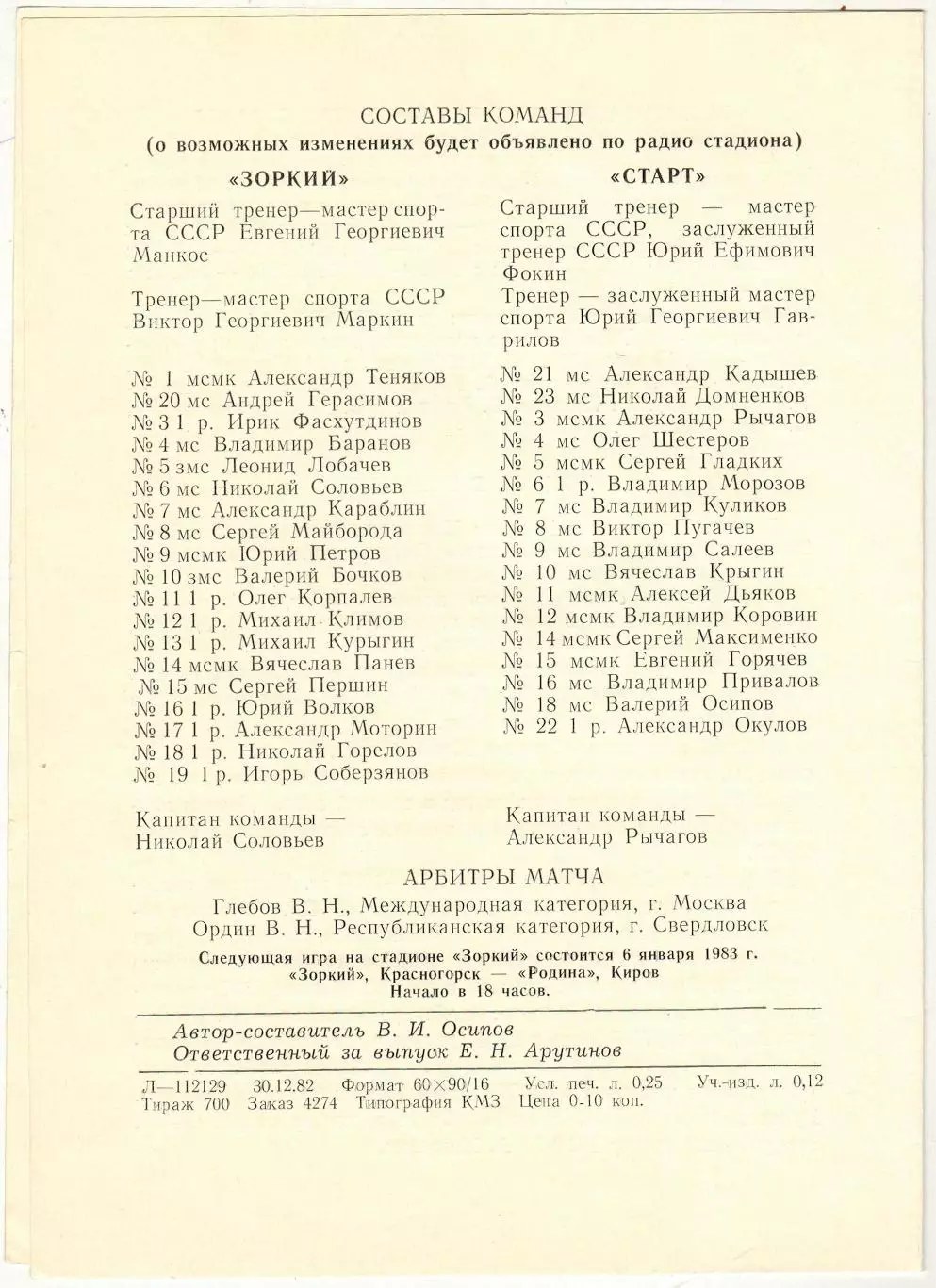 Зоркий Красногорск – Старт Горький 03.01.1983 1