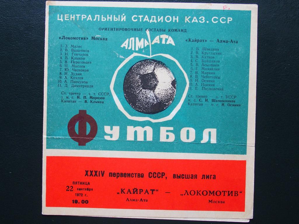 Кайрат Алма-Ата - Локомотив Москва. 22 сентября 1972 г.