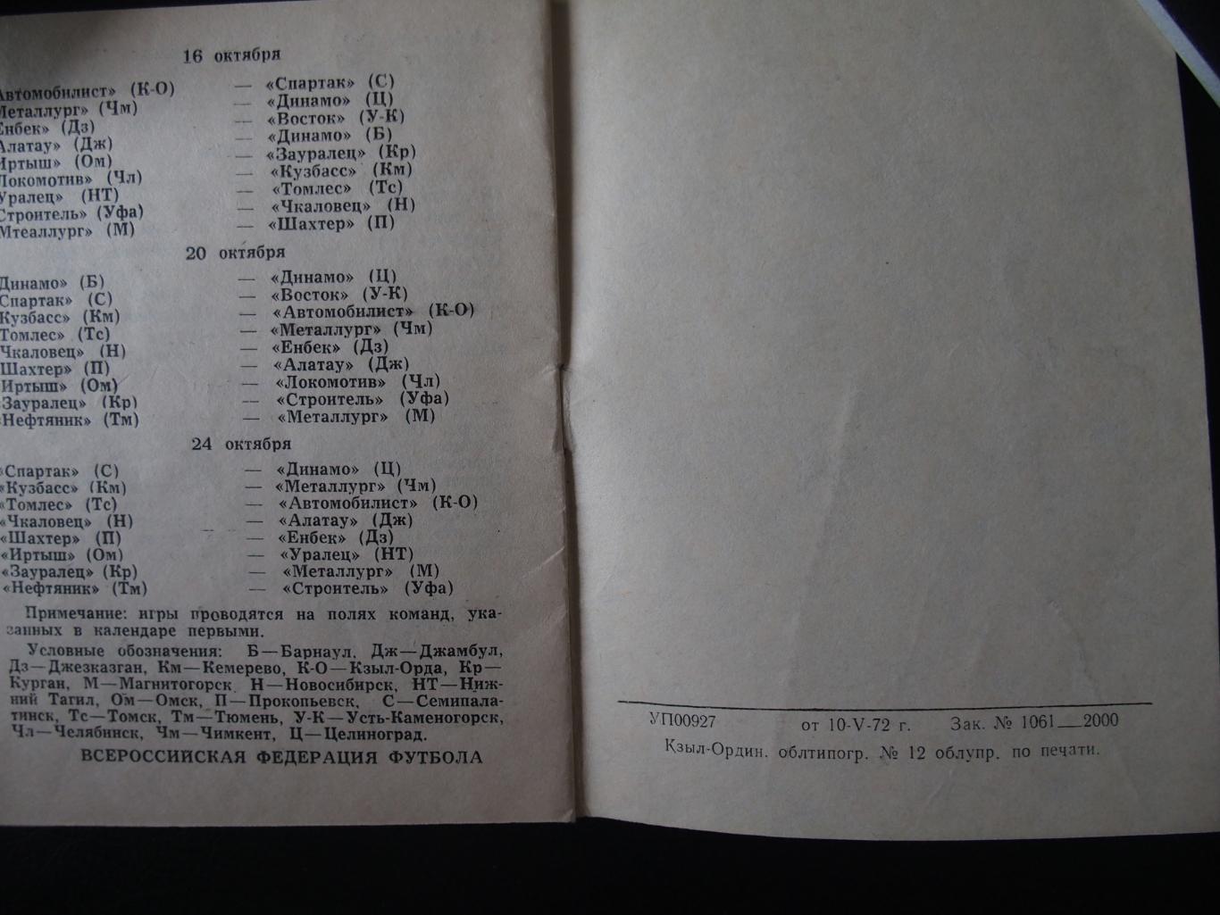 Календарь игр Кзыл-Орда 1972 г. Тираж 2 тыс. 1
