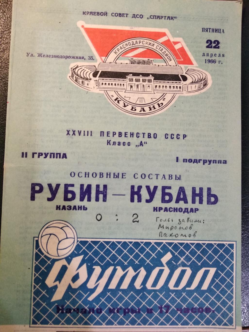 Кубань Краснодар - Рубин Казань. 22 апреля 1966 г.