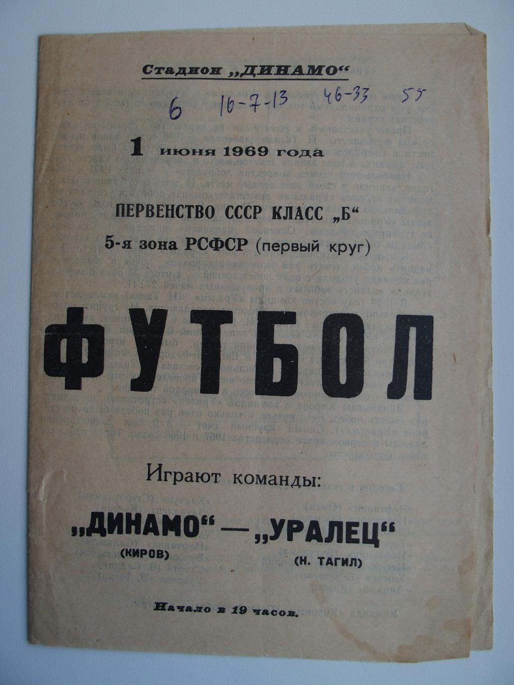 Динамо Киров - Уралец Нижний Тагил. Чемпионат СССР. 01.06.1969.