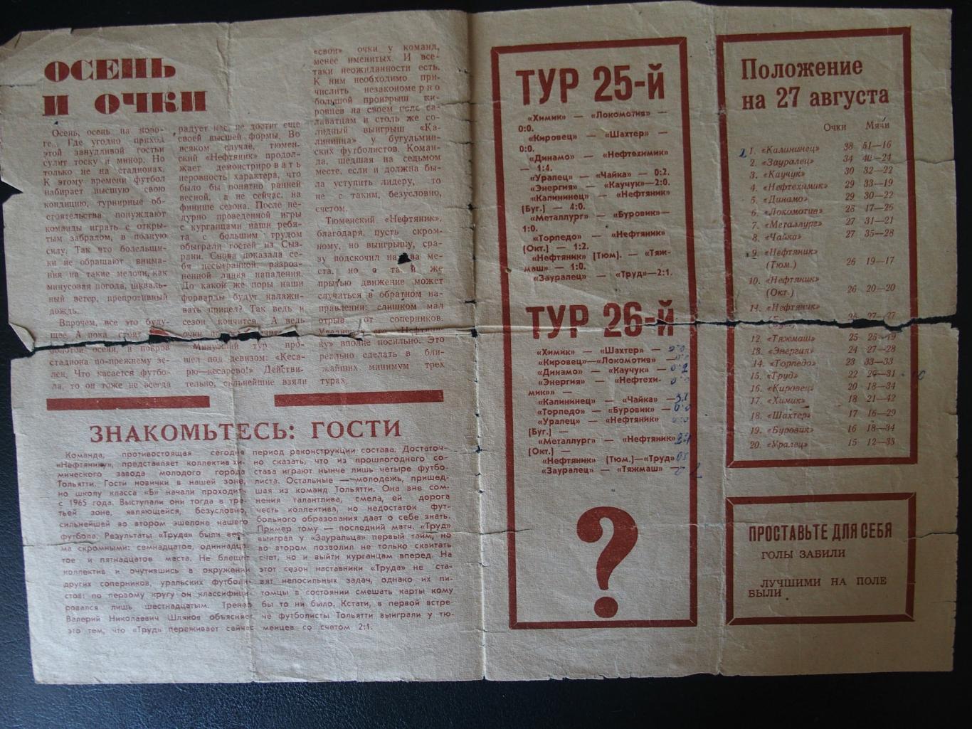 Нефтяник Тюмень - Труд Тольятти. 27 августа 1968 г. Чемпионат СССР. 1