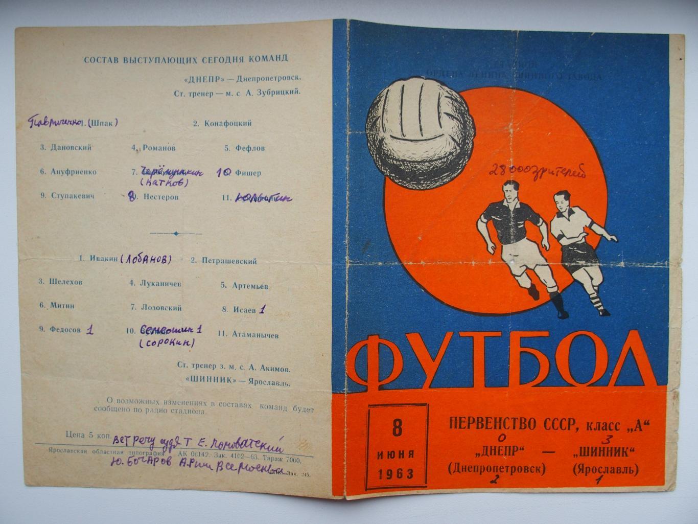 Шинник Ярославль - Днепр Днепропетровск. 8 июня 1963 г.