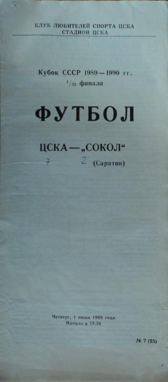 ЦСКА Москва - Сокол Саратов 01 июня 1989