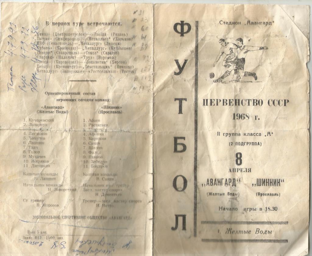 1968 Авангард Желтые Воды - Шинник Ярославль (состояние на скане)