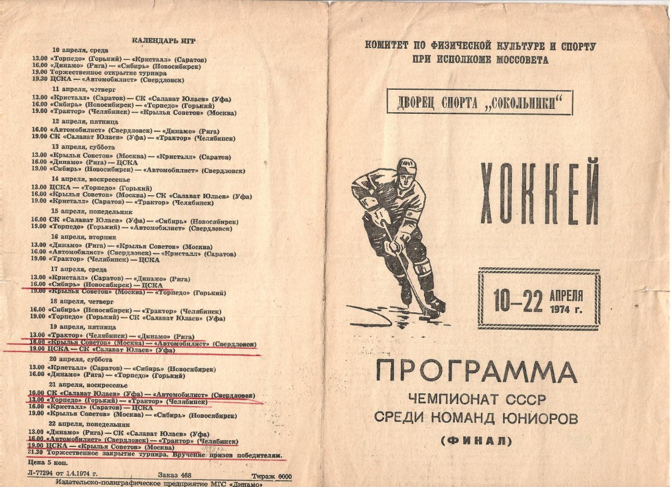 1974 Хоккей ЦСКА и другие Чемпионат СССР юношей