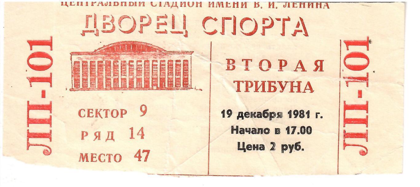 1981 Хоккей Билет Сборная Вооруженных сил (ЦСКА) - ДСО профсоюзов (Спартак)