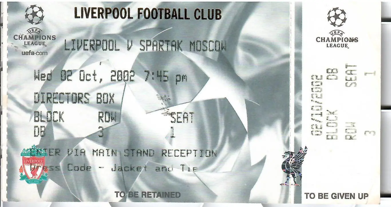 2002 Билет Ливерпуль Англия - Спартак Москва КЕЧ