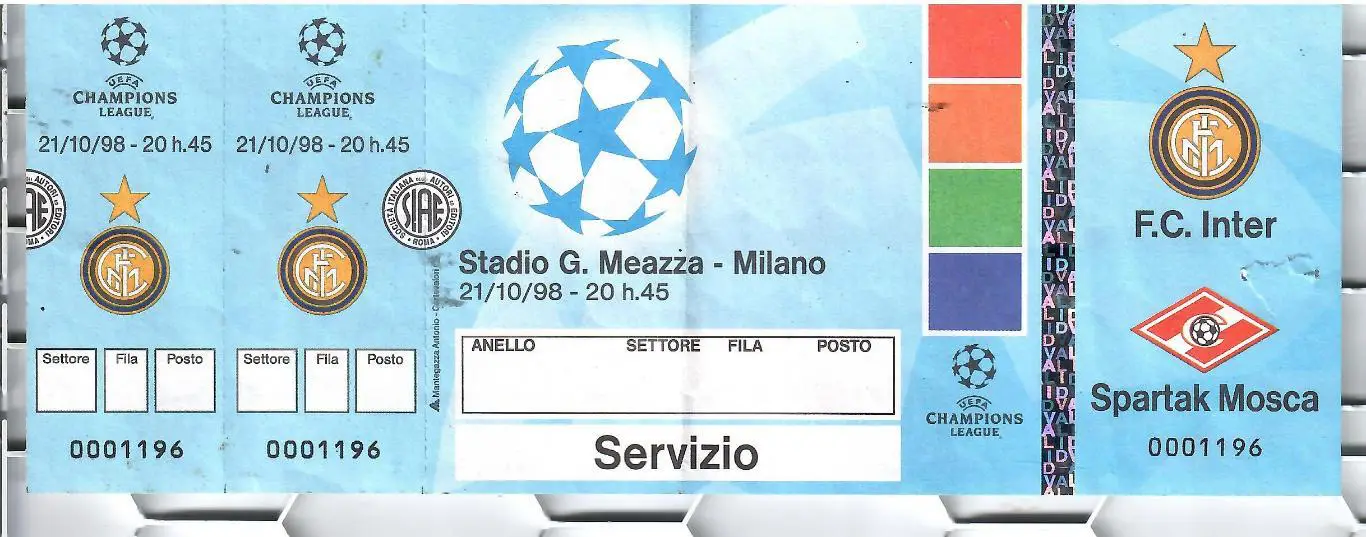 1998 Билет Интер Италия - Спартак Москва КЕЧ (21.10)