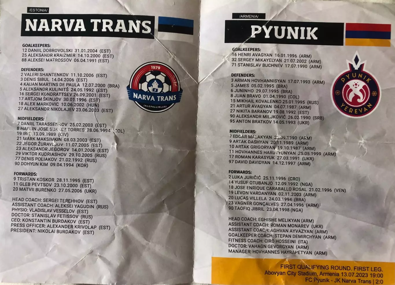 Транс Нарва Эстония - Пюник Ереван Армения 2023 Лига Конференций 1