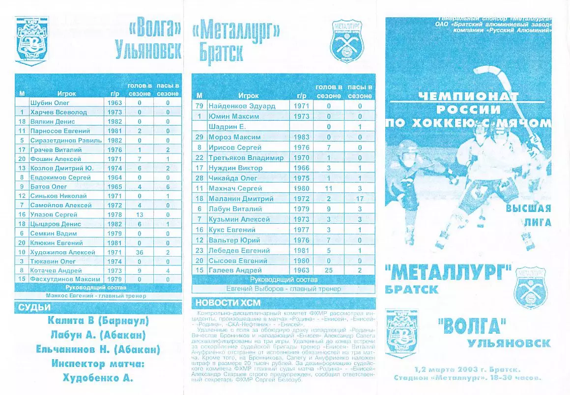 2003.03.01, 02. Чемпионат России.Высшая лига. Металлург Братск - Волга Ульяновск