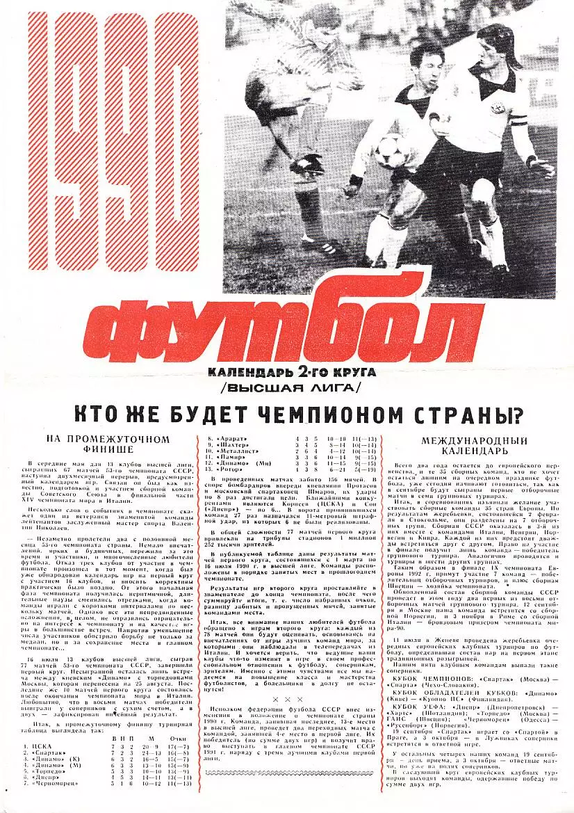 1990. Футбол. Календарь игр Чемпионата СССР. 2-й круг