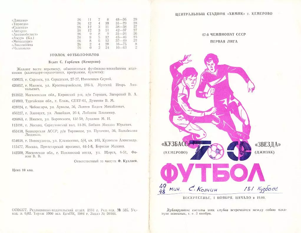 1984.11.04. Первенство СССР. Первая лига. Кузбасс Кемерово - Звезда Джизак