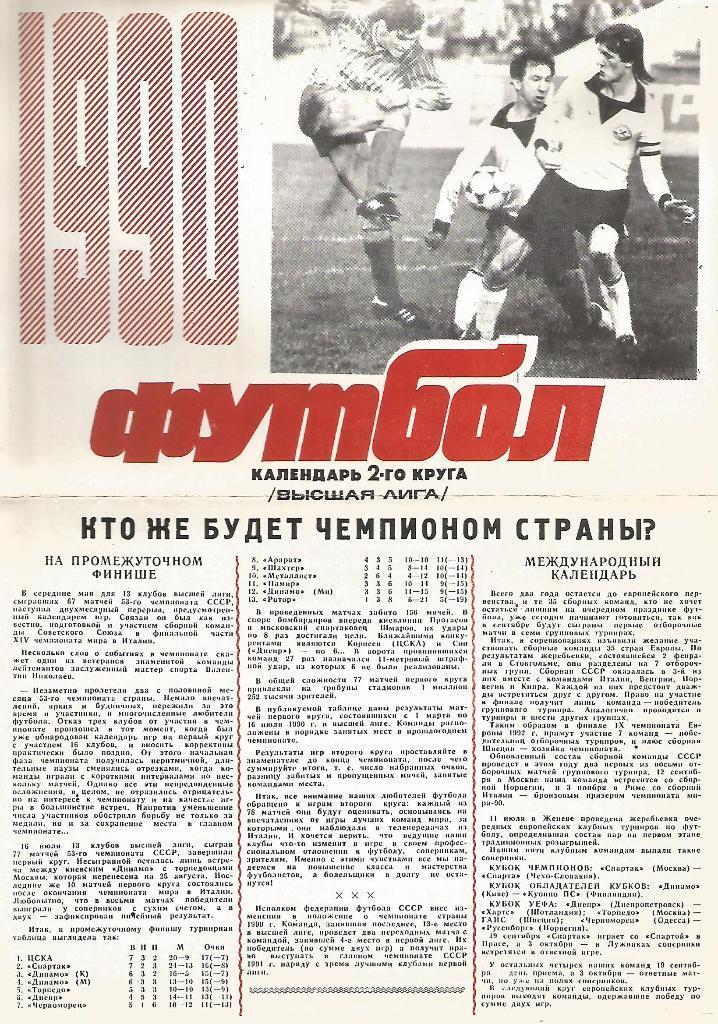 Футбол 1990. Календарь 2-го круга. Высшая лига. Спортметодинформация