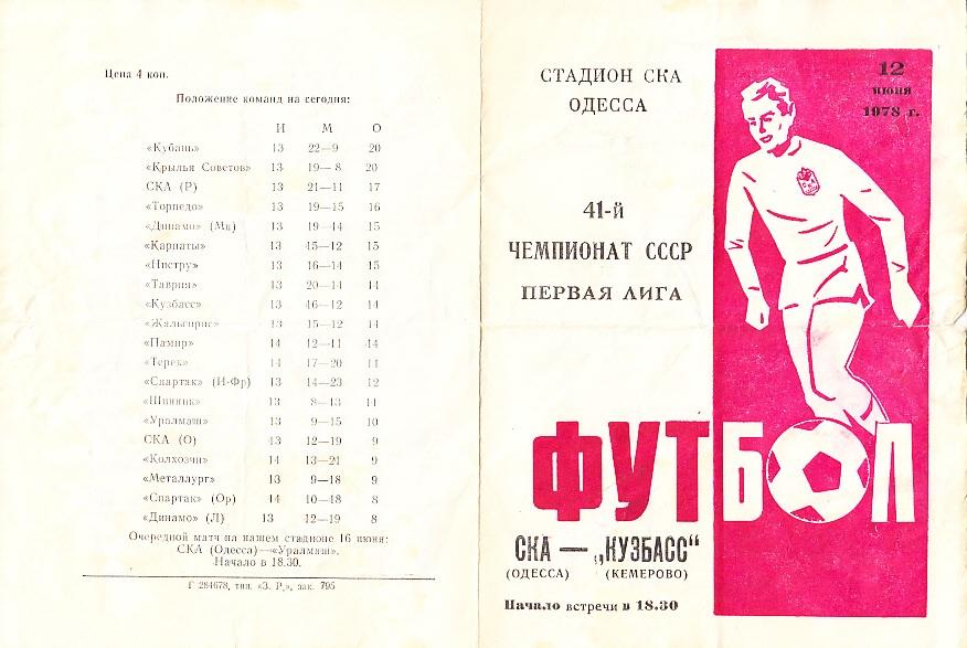 СКА Одесса - Кузбасс Кемерово. 12.06.1978. Первенство СССР. 1-я лига