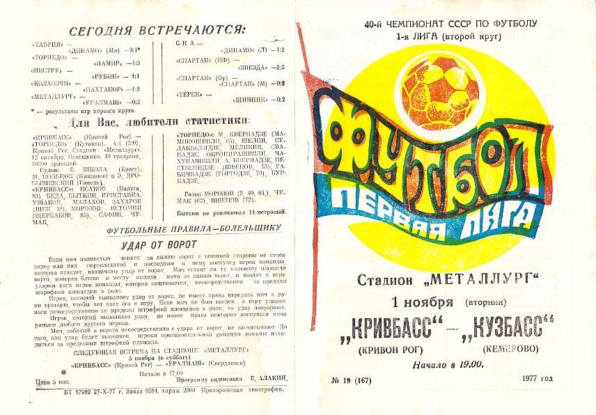 Кривбасс Кривой Рог - Кузбасс Кемерово. 01.11.1977. Первенство СССР. 1-я лига