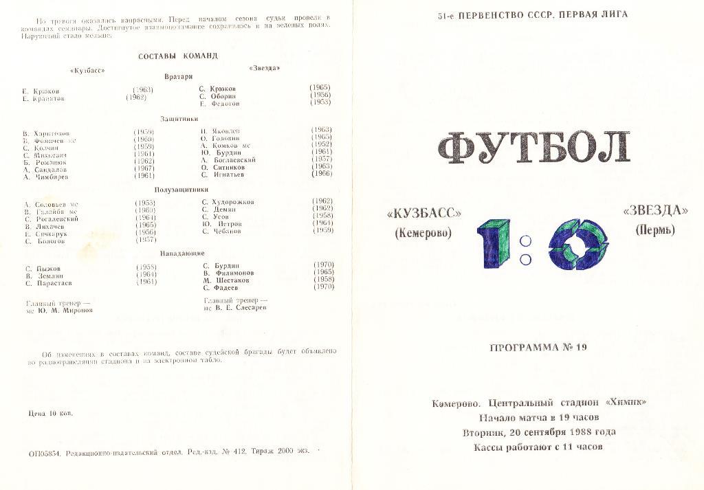 Кузбасс Кемерово - Звезда Пермь. 20.09.1988. Первенство СССР. 1-я лига