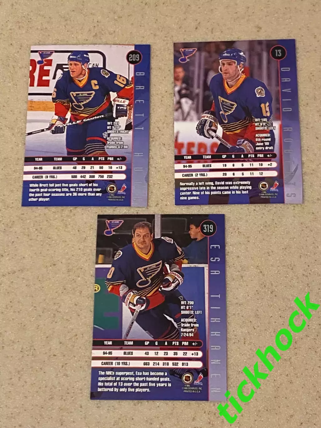 Халл, Тикканен, Робертс - 3 карточки Сент-Луис Блюз - LEAF / DONRUSS 1995 1