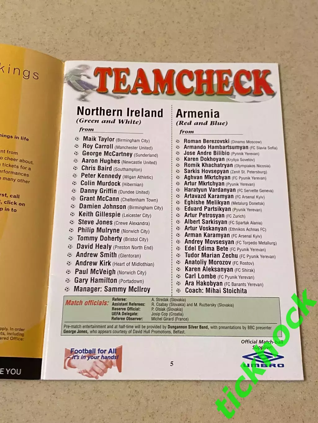 программа матча Северная Ирландия - Армения 10.09.2003 г.Белфаст