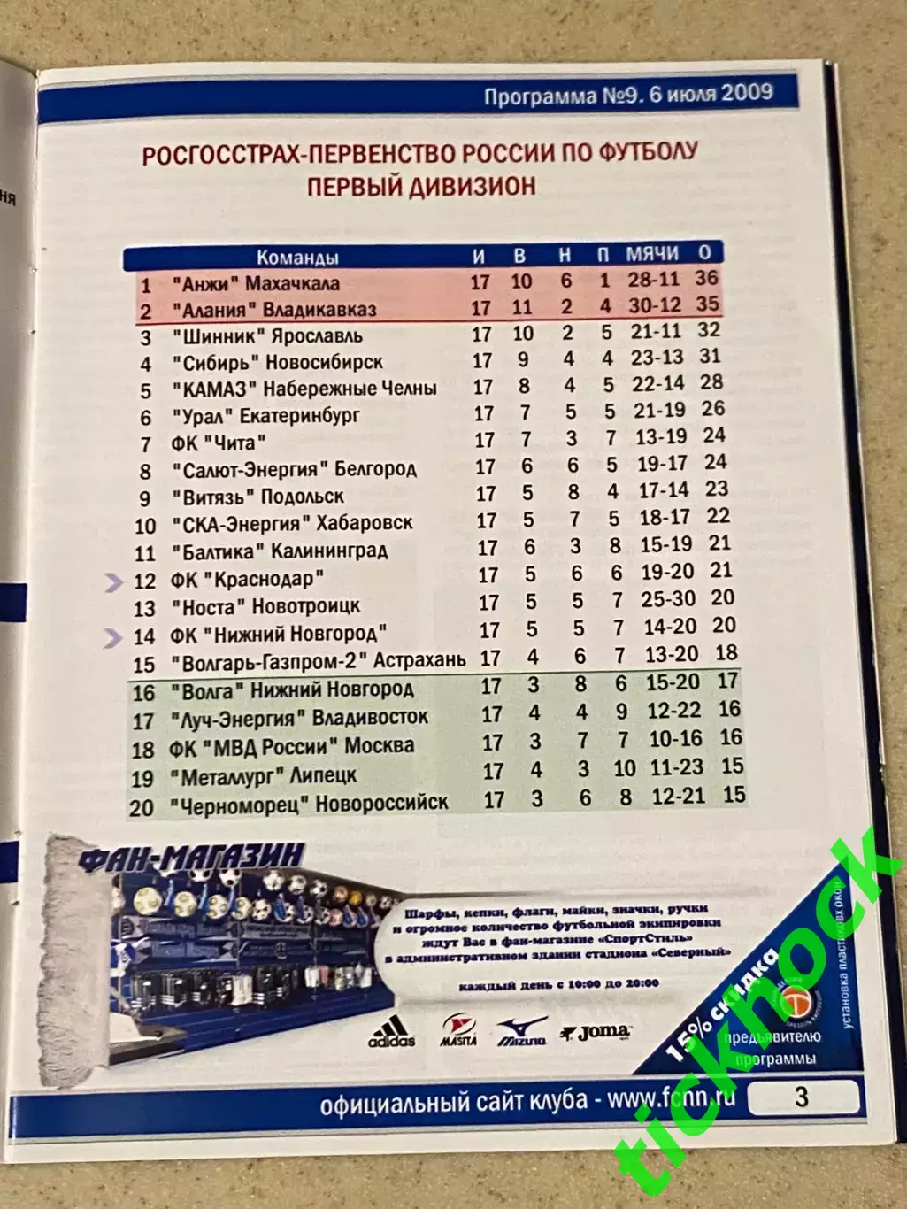 программка ФК Нижний Новгород -- ФК Краснодар - 06.07.2009 - SY 1