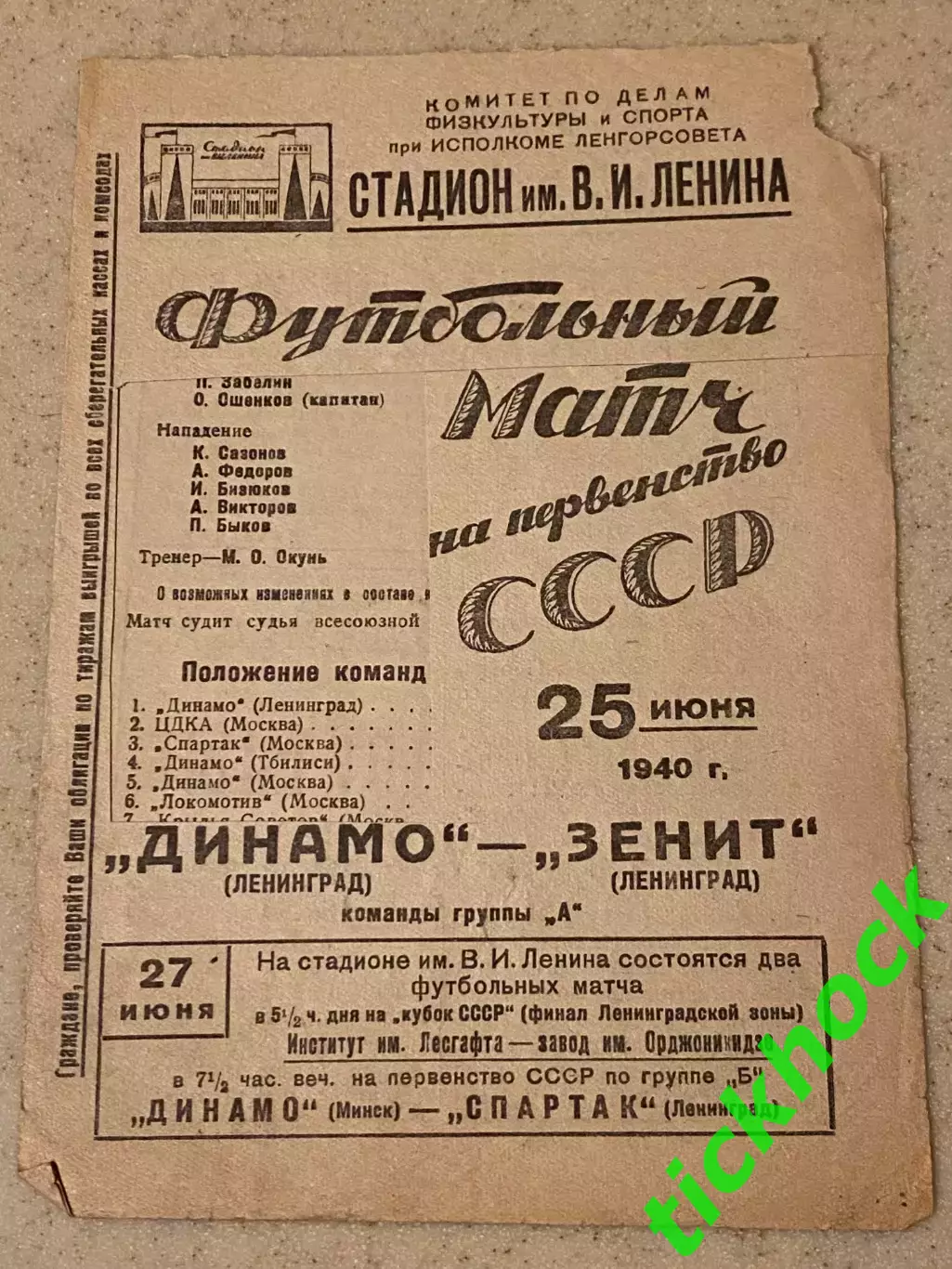 чемпионат СССР 1940 Зенит Ленинград - Динамо Ленинград 21.07.1940