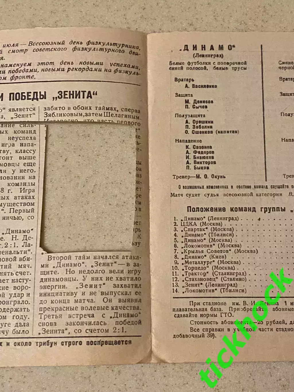 чемпионат СССР 1940 Зенит Ленинград - Динамо Ленинград 21.07.1940 1
