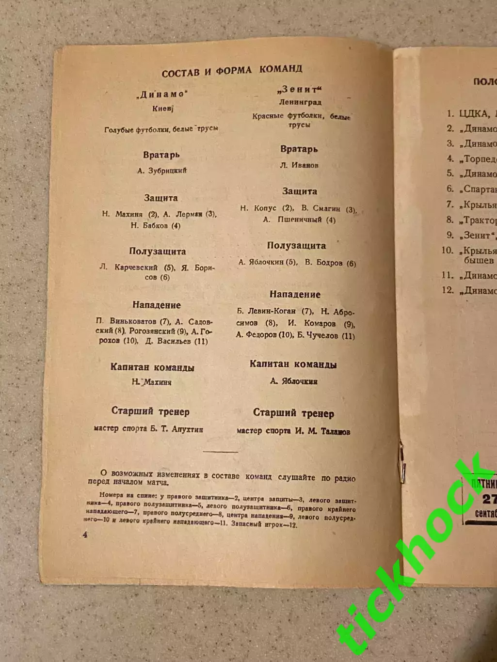 Зенит Ленинград - Динамо Киев чемп. СССР 8 стр. 26.09.1946 -- SY 1