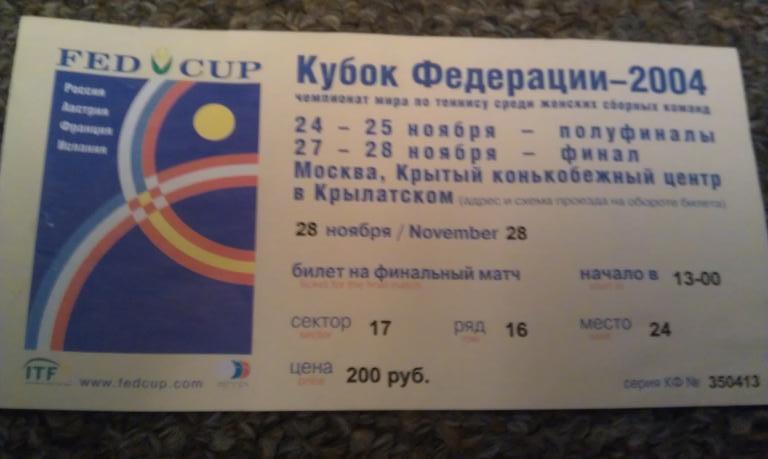 билет на ТЕННИС ) Кубок Федерации Крылатское Москва 28.11.2004 --- SY --/