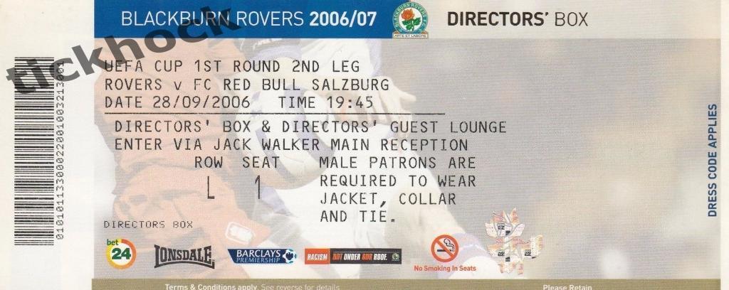 билет БЛЕКБЭРН_ЗАЛЬЦБУРГ Blackburn Rovers v Red Bull Salzburg 28.09.06 UEFA Cup