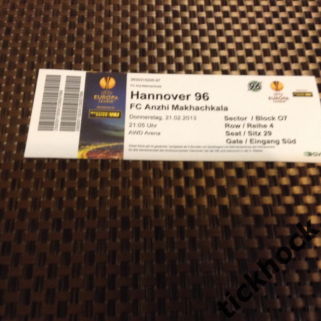 Билет ----- Ганновер -- Анжи Махачкала - 2013 Лига Европы -----------SY 1