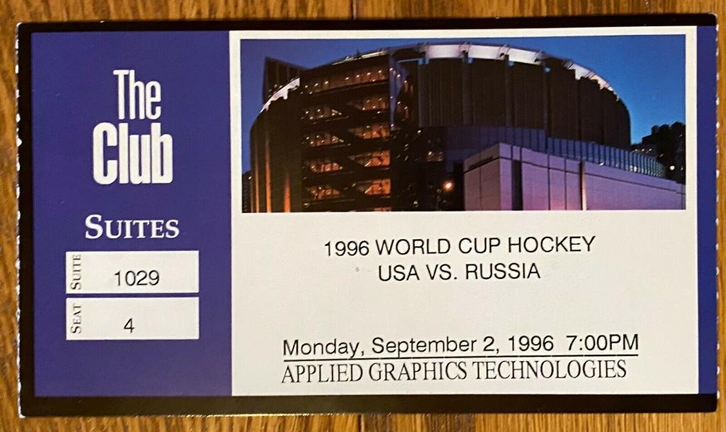 хоккей США - Россия Кубок мира 02.09.1996---- билет ЛОЖА