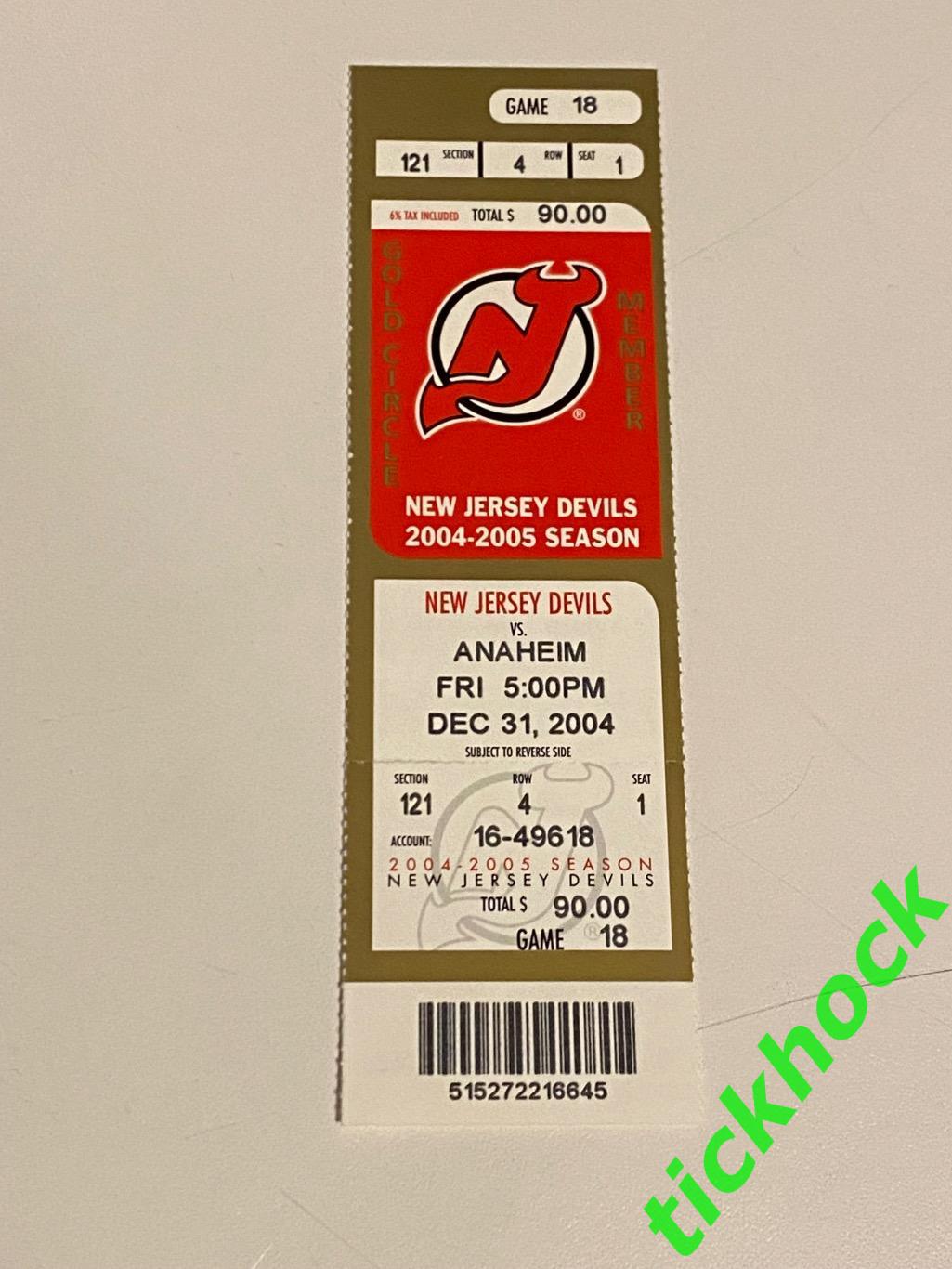 НХЛ Нью Джерси Дэвилз - Анахайм Майти Дакс 31.12.2004 билет - SY