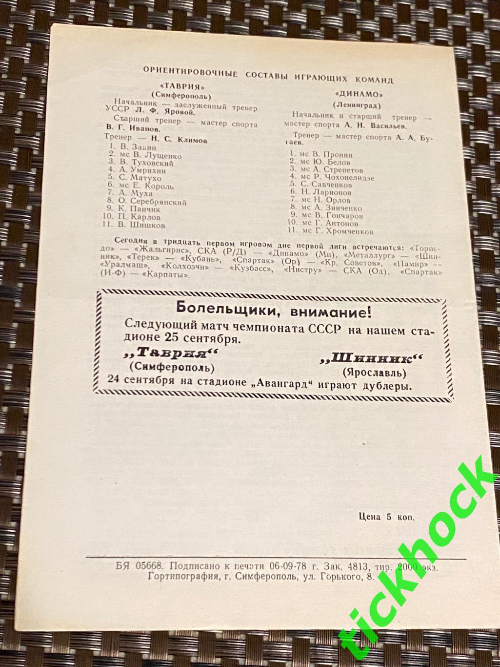 Таврия Симферополь - Динамо Ленинград (Санкт-Петербург) Первенство СССР 1978 SY 1