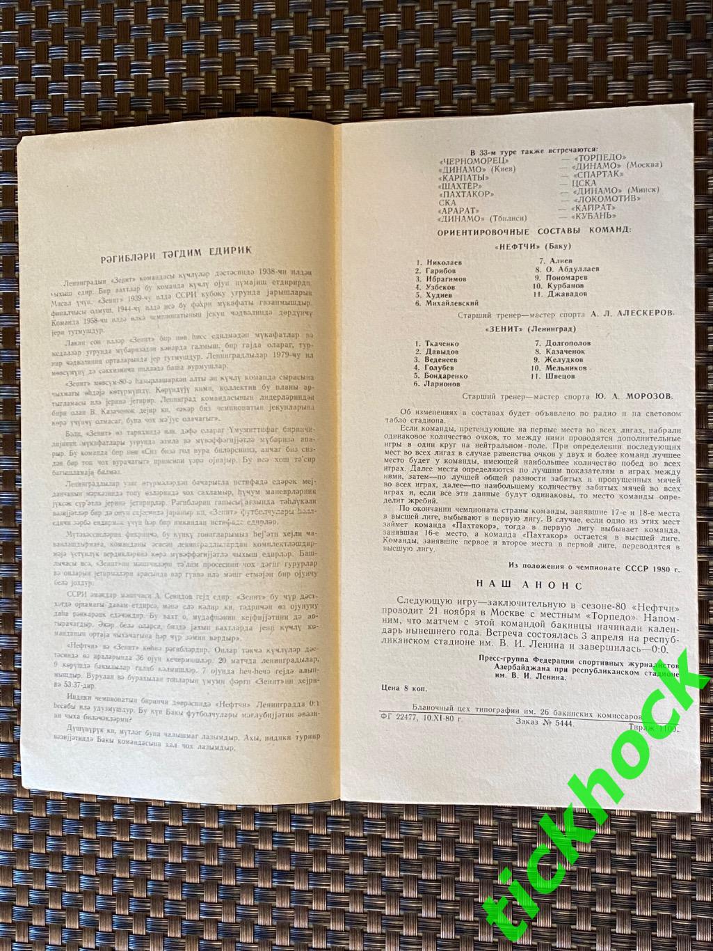 **RARE _ Нефтчи Баку --- Зенит Ленинград / Санкт-Петербург - 17.11.1980 -- SY 1