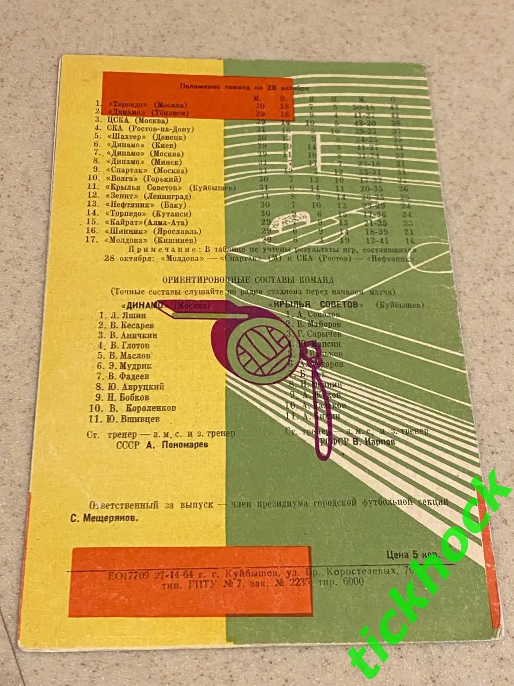 Крылья Советов Куйбышев / Самара - Динамо Москва - 1964 Чемпионат СССР 1