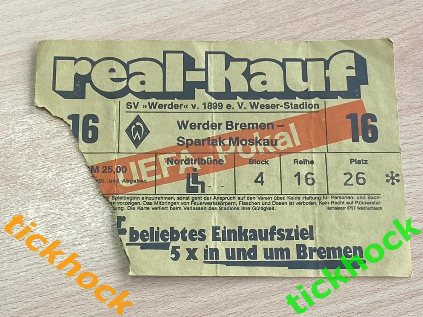 билет ВЕРДЕР Бремен ФРГ - СПАРТАК Москва СССР 1987 год Кубок УЕФА_SY