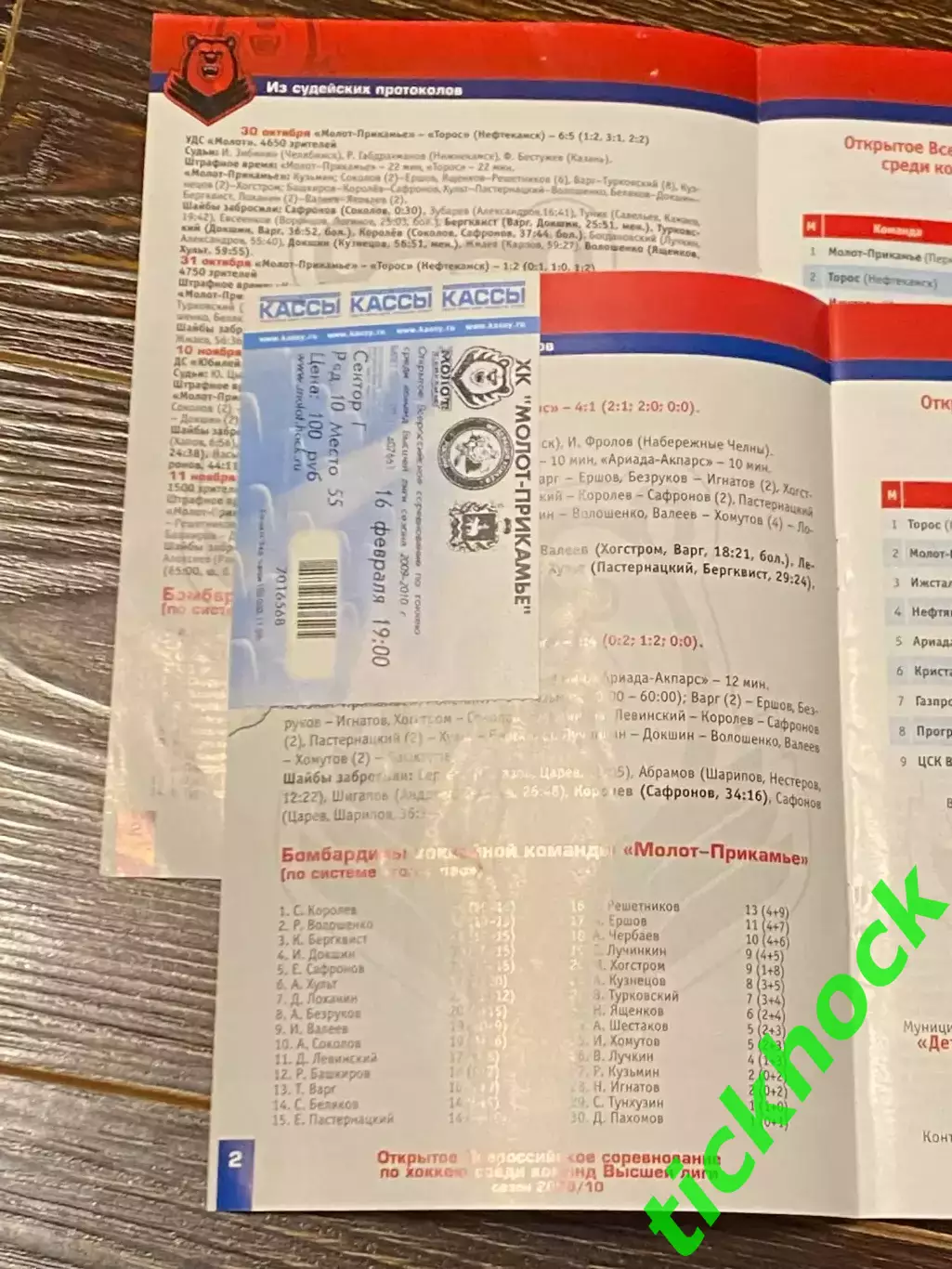 Две Молот -Прикамье Пермь - Ижсталь Ижевск высшая лига 2009/2010 с билетом -SY 1