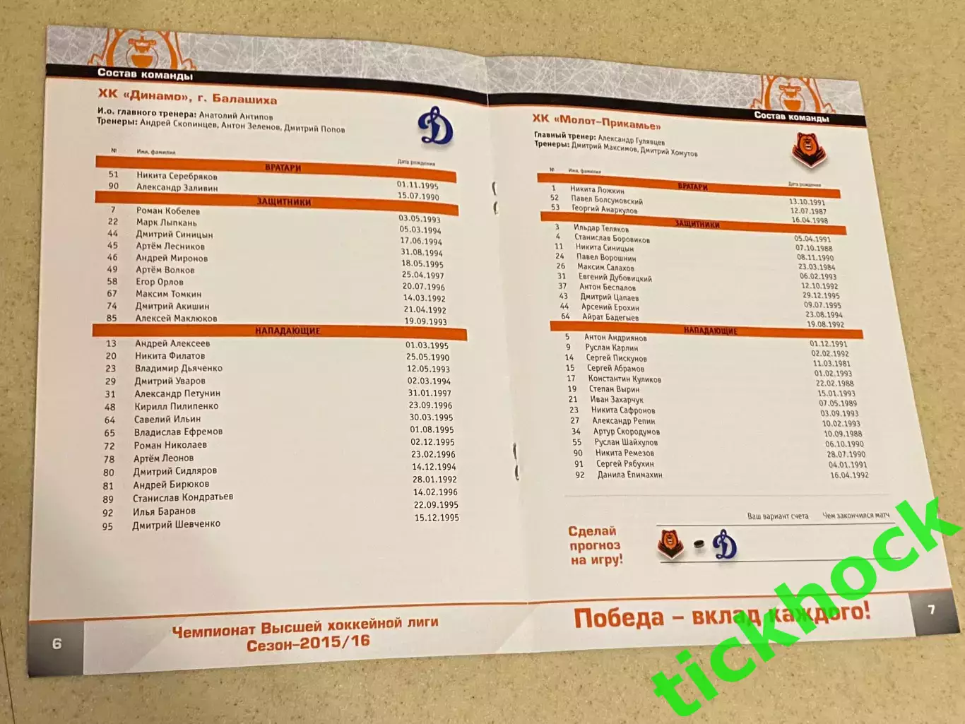 Молот - Прикамье Пермь -- Динамо Балашиха январь 2016 - ВХЛ -SY 1