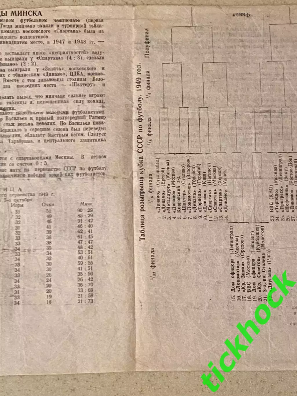 Спартак Москва – Динамо Минск 1949. брак типографии Ч-т СССР SY 2