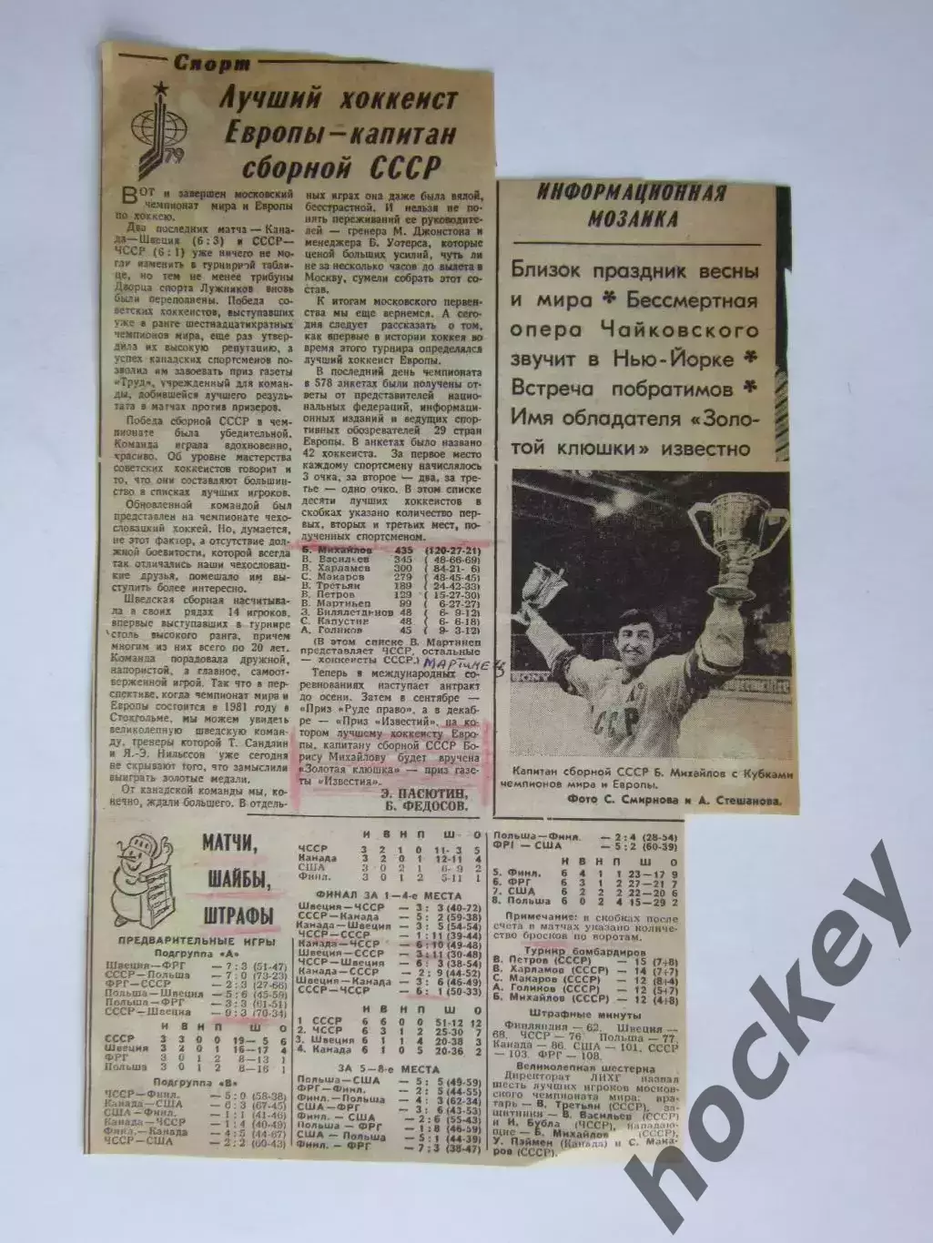 Вырезка+фото. Хоккей. Итоги ЧМ. На фото Б.Михайлов (Чемпионат мира, 1979 год)