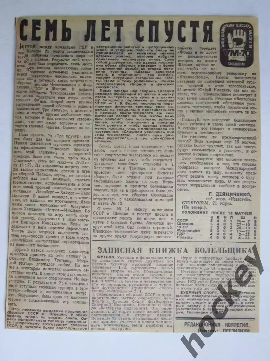 Вырезка. Хоккей. Семь лет спустя (Чемпионат мира, 1970 год)
