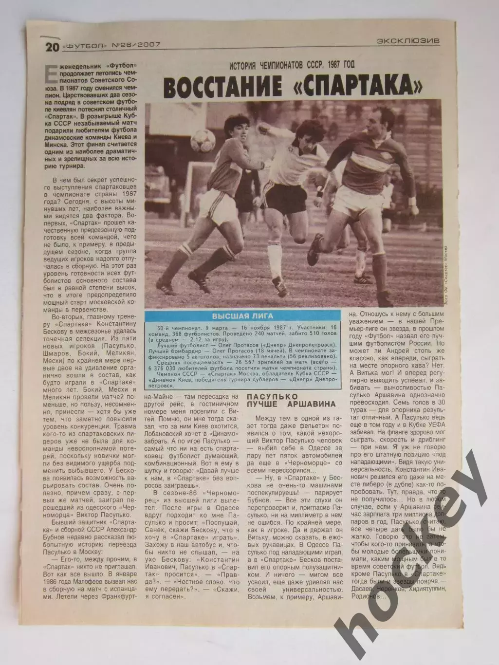 Вырезка из газеты Футбол. История чемпионатов СССР. 1987 год. Таблица, голы