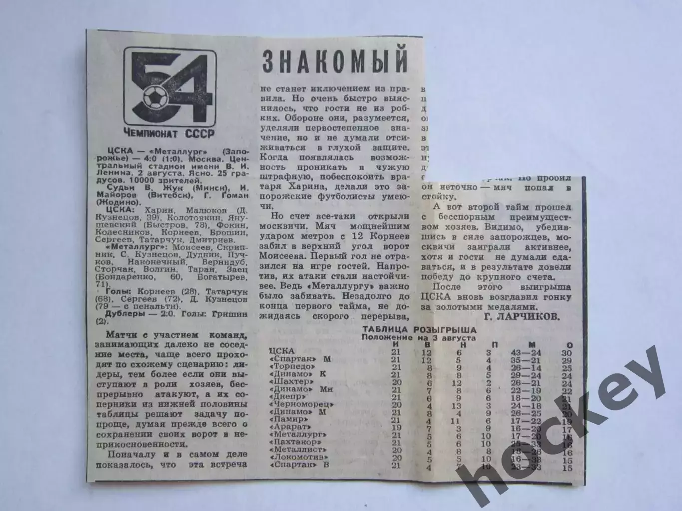 Вырезка. Футбол. ЦСКА - Металлург З - 4:0 (Советский спорт, 3.08.1991), брак