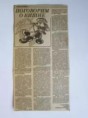 Вырезка из газеты. Знать и уметь. Поговорим о вишне.