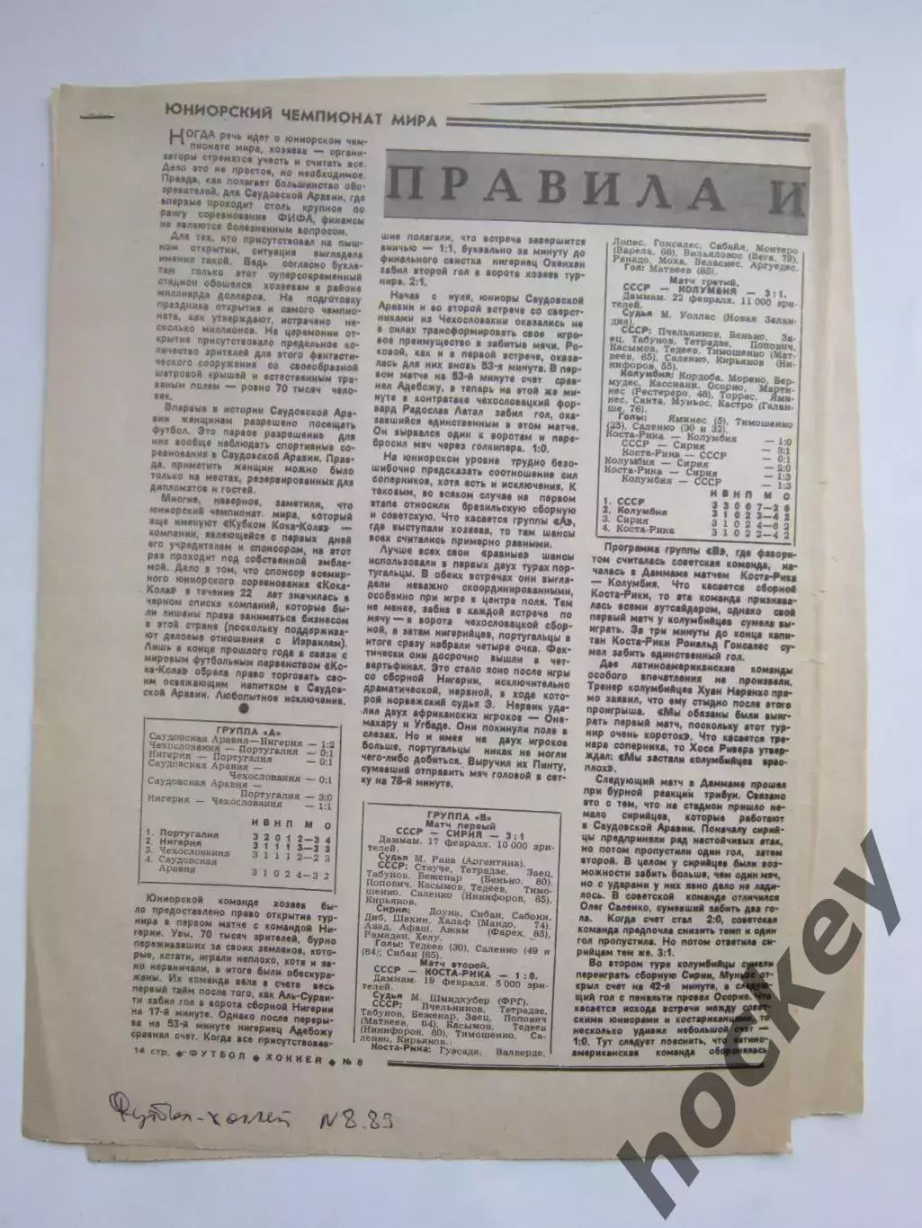 Вырезка. Футбол. Правила и исключения. О юниорском чемпионате мира (ФХ, 1989 г.)